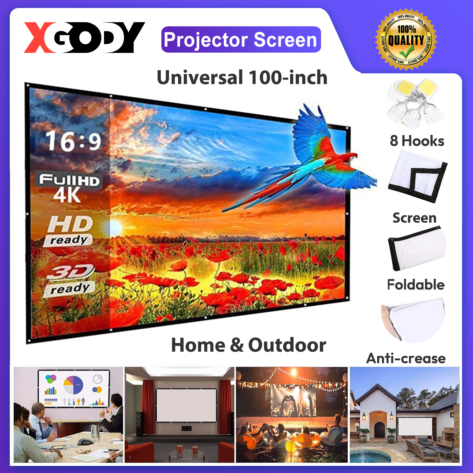 XGODY Universal 100-inch Projector Screen 16:9 HD Multi-function Home Outdoor Folding Portable Simple Soft Screen ราคา 150 บาท*ส่งฟรี
