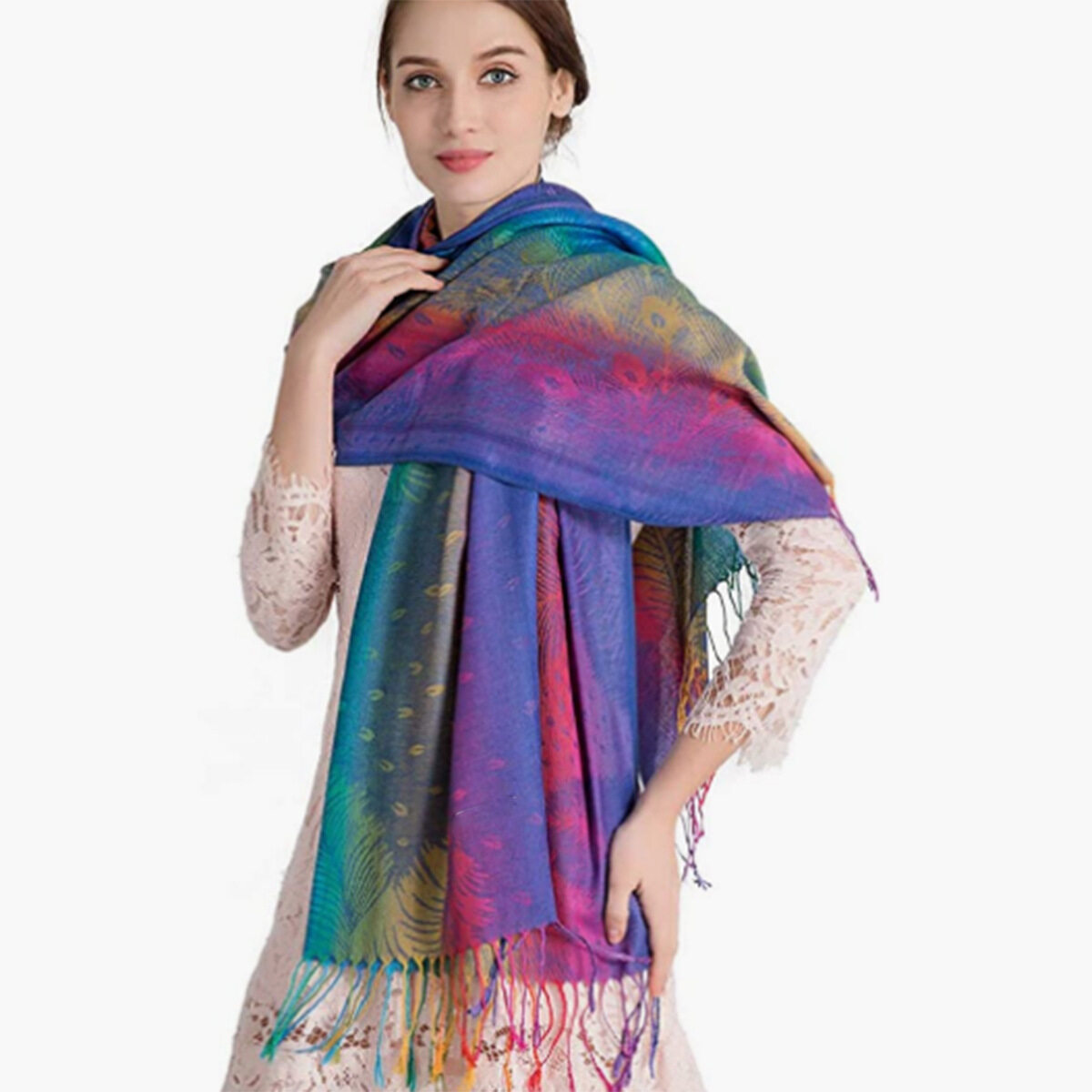 Jifang gradient đầy màu sắc Màu Sắc Paisley Hoa điều Jacquard Dệt in hoa Lớn Pashmina Khăn Choàng Tua Dài Khăn trùm đầu hijab hồi giáo Khăn Choàng Yw67