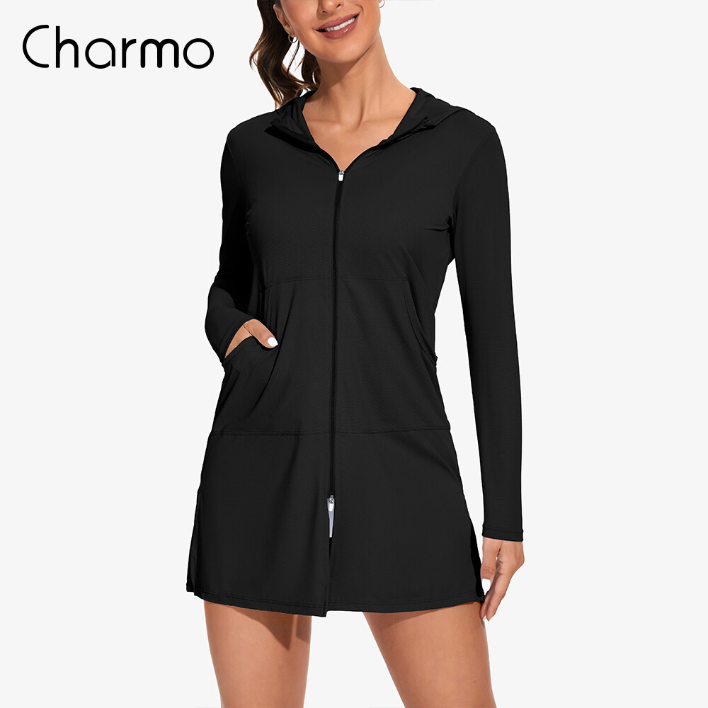 Charmo Womens Rash Guard Shirts Hooded Swim Shirts with Pockets Zipper Swimsuit Cover Up
