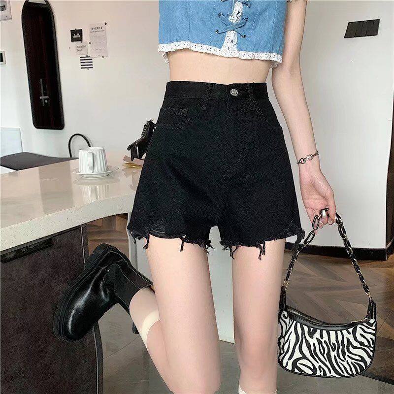 Large size denim shorts women's summer hot girl 2022 new thin loose and thin A-line raw edge black high waist hot pants