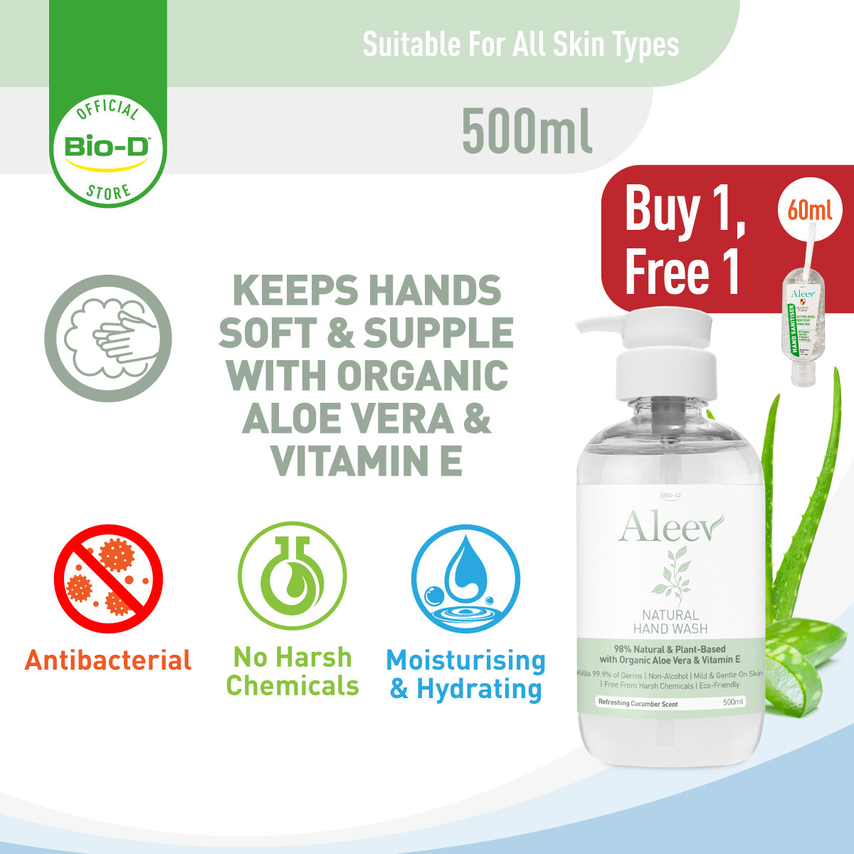 Gambar [Buy 1, Free Gift] Bio D Aleev Natural Hand Wash 500ml (Refreshing Cucumber Scent)