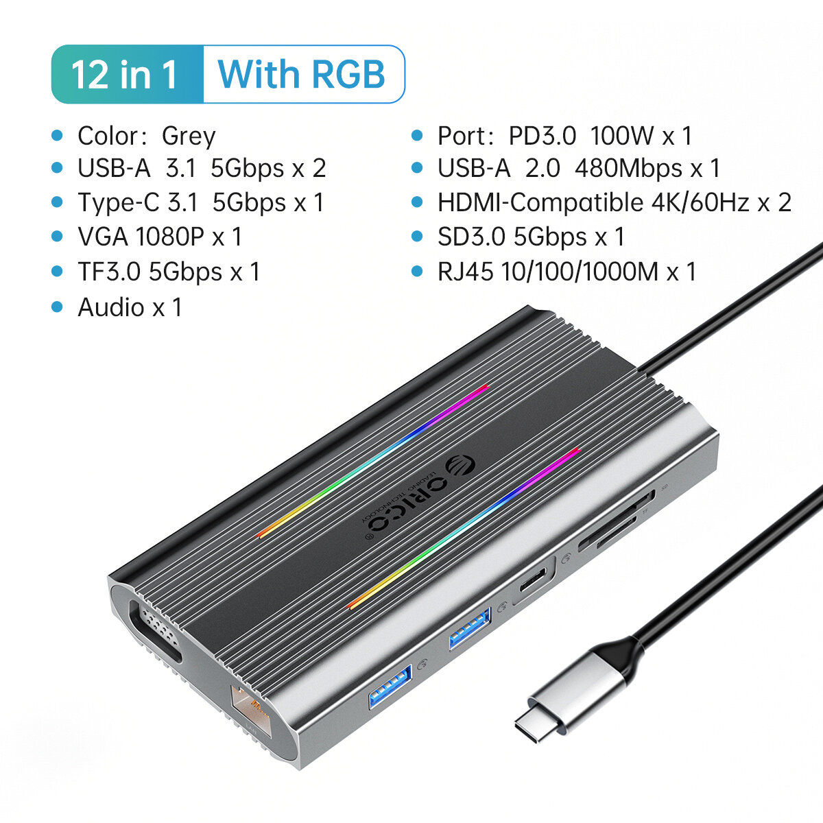Trạm Sạc USB C Bộ Chia USB C Orico 12 Trong 1 Kép Với Hai Cổng HDMI 4K VGA DP Ethernet 1gbps Đèn RGB