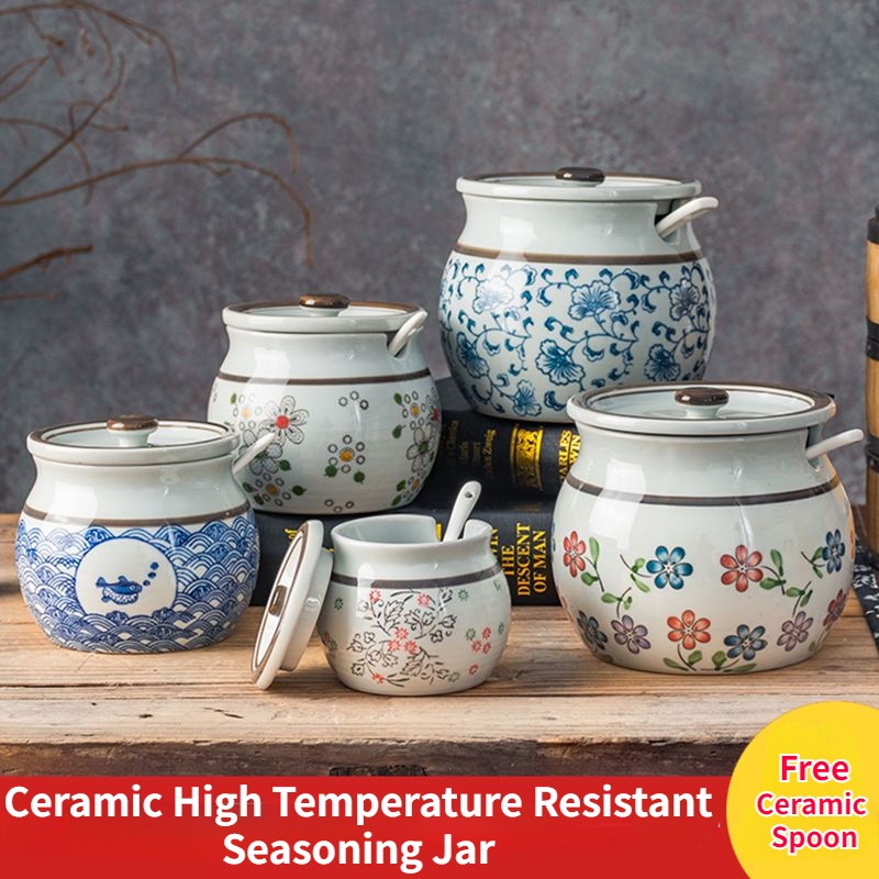 Lọ gia vị bằng gốm hộp gia vị lọ gia vị Bình lưu trữ thực phẩm nhà bếp Salt Shakers Hũ Đường Trắng Ớt Hộp đựng dầu mỡ lợn có thể