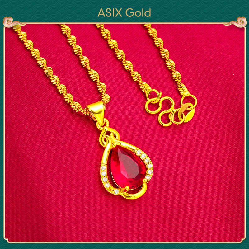 ASIX GOLD 24K Gold 18K Gold Red Drop Gemstone Pendant Necklace Fashion Women's Necklace Gifts for Mom for Valentine Showers can be worn Won't turn black Won't peel off ราคา 129 บาท*ส่งฟรี