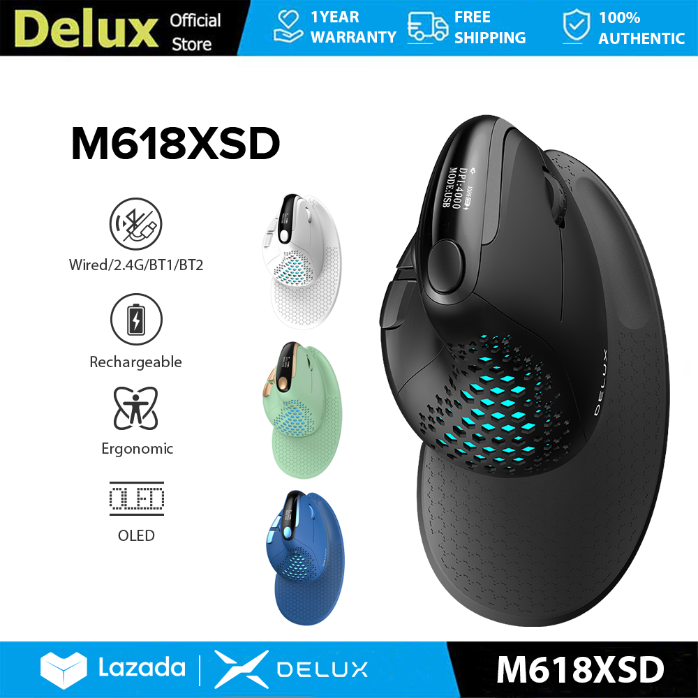 Delux M618XSD Seeker Wired&Wireless Ergonomic Vertical Mouse Rechargeable with OLED Screen MAX 7200DPI Rechargeable Removable Back Cover L Size For Big Hands For PC/Laptop/Windows/Mac