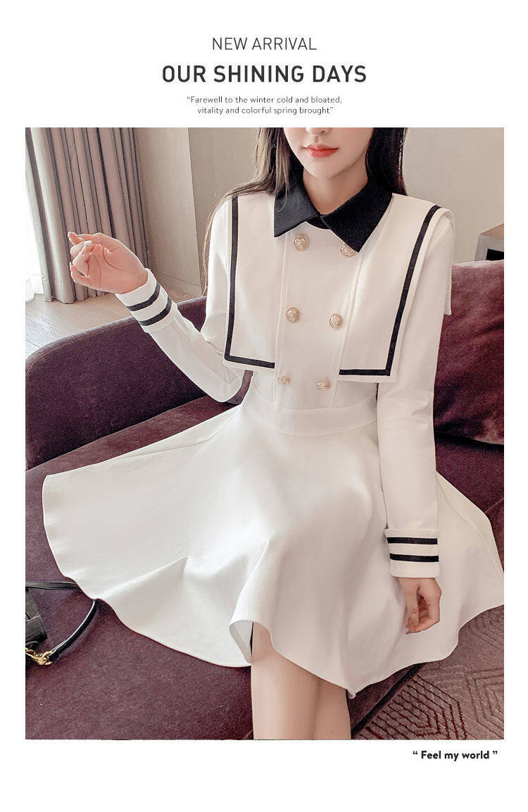 Navy style dress for women 2021 Spring and Autumn new small waist-tight temperament contrast color college style long sleeve A- line dress