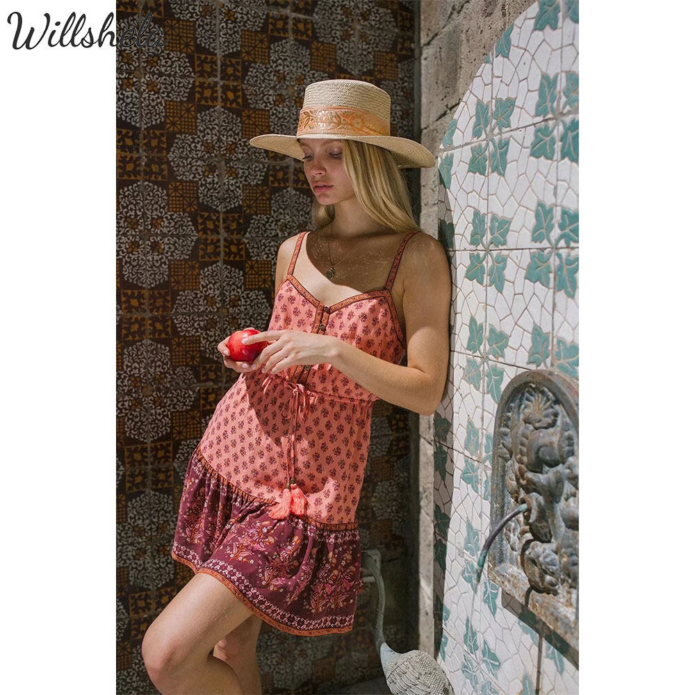 Willshela Women Fashion Retro Printed A-Line Mini Camisole Dress V-Neck Thin Straps Backless Female Chic Lady Casual Vintage Short Dress