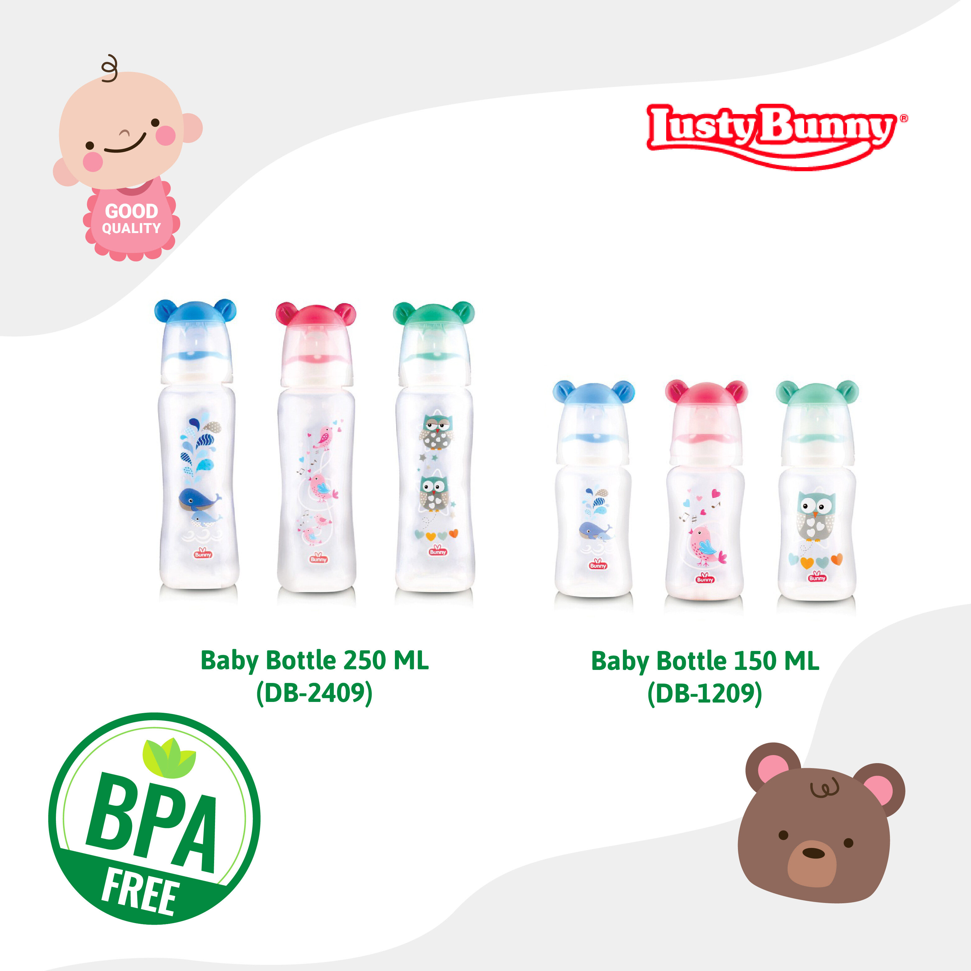 Lusty Bunny Square Standard Neck Baby Milk Bottle Susu with earhood and  cute assorted cartoon design (125ml/250ml) BPA Free | Lazada