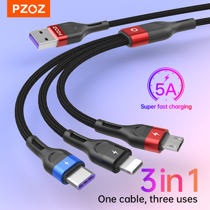 Pzoz cáp usb 3 trong 1 cáp usb c 5a loại c sạc siêu nhanh micro cho iphone samsung xiaomi dây điện thoại cáp sạc