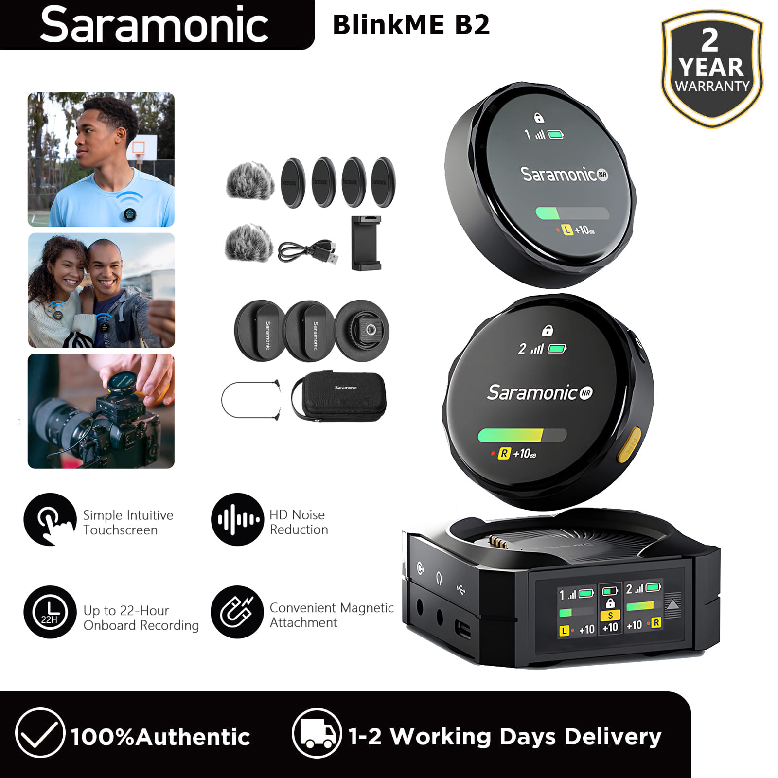 Saramonic BlinkMe B2 2-Person Smart Wireless Mic,Pro Noise Cancellation,100m Transmission,Wireless Lavalier Microphone With Touchscreen Transmitters for iPhone iPad Android Camera Interview Vlog Livestream ราคา 8,990 บาท*ส่งฟรี