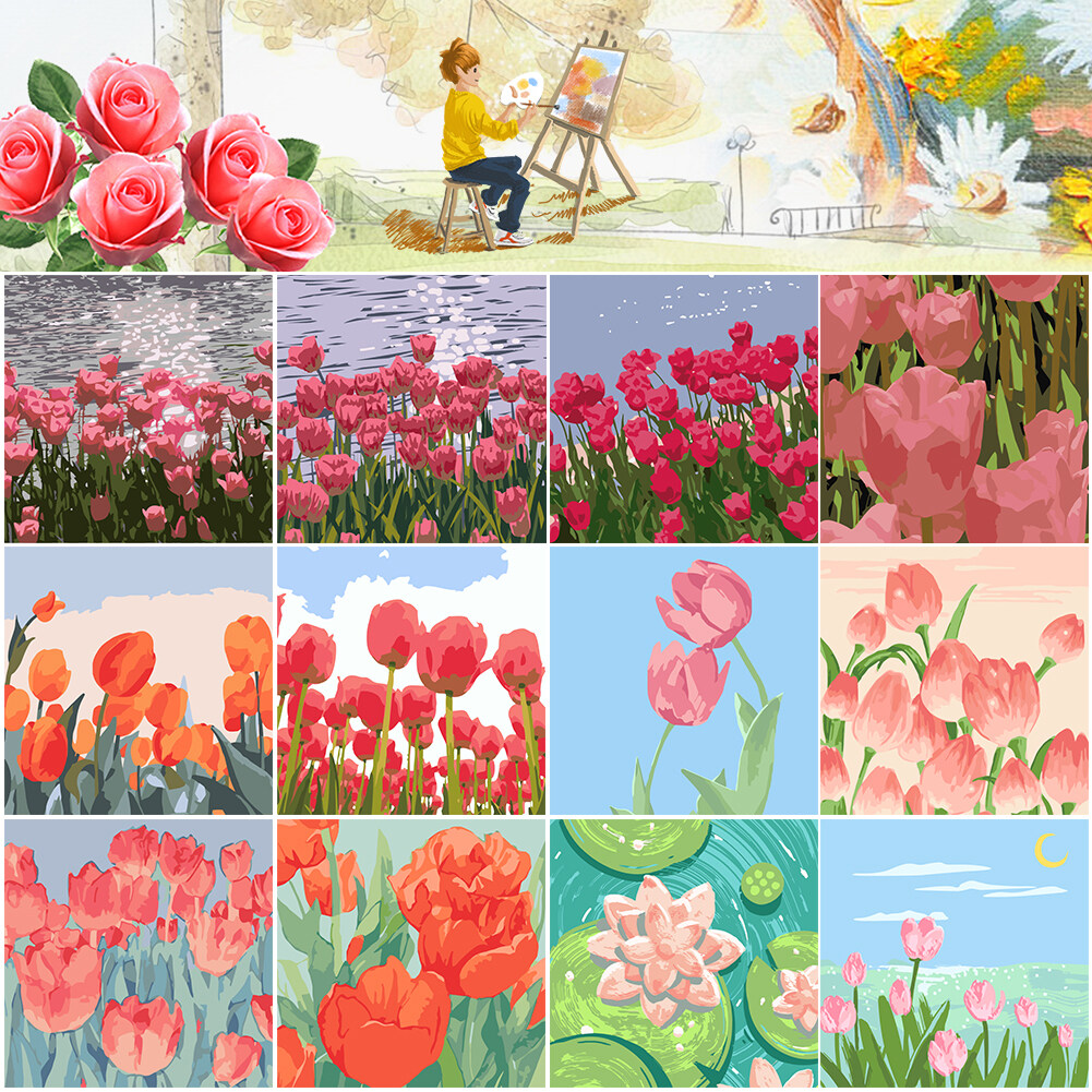 Tranh Vẽ Vườn Hoa Tulip Màu Hồng