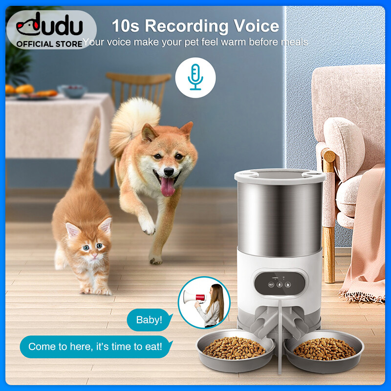 DUDU Pet 4.5L Stainless Steel Double Bowl Smart 4 Meals Quantitative Timed Cat Food Dispenser for 2 Cats and Dogs Pet Feeder with 2-Way Splitter Meals Portion Control Voice Recorder Dual Power ราคา 2,339 บาท*ส่งฟรี
