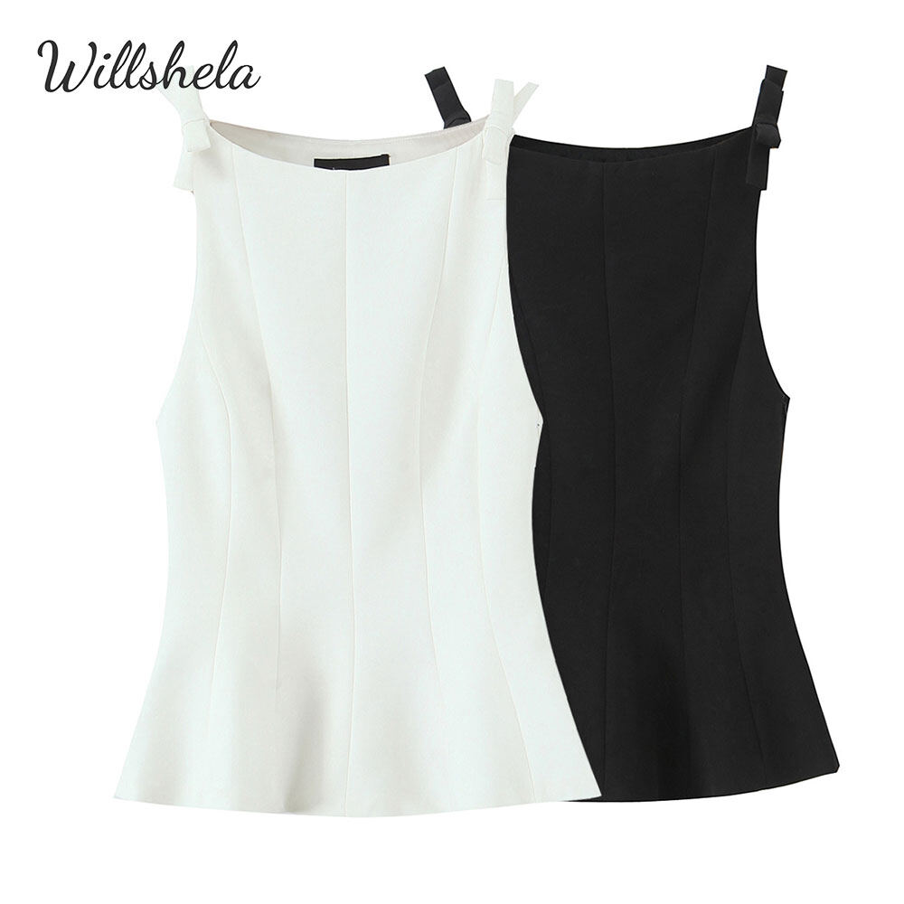 Willshela Women Y2K Fashion With Bow Solid Tops Camisole Boat Neck Sleeveless Sexy Female Chic Lady Tank ราคา 568 บาท*ส่งฟรี