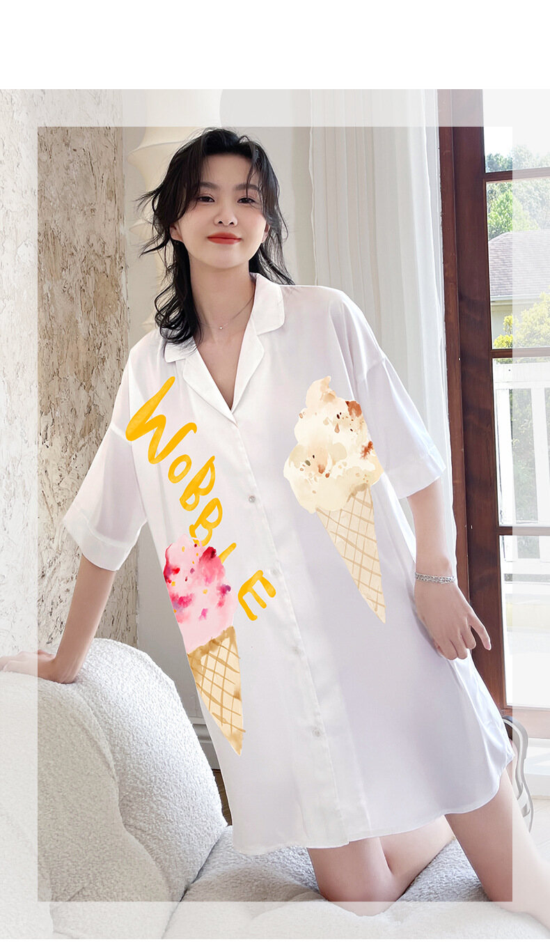 Váy ngủ nữ Cho Phụ Nữ, V-Cổ Cài Cúc Voan Phim Hoạt Hình Mùa Hè Mỏng Ngủ