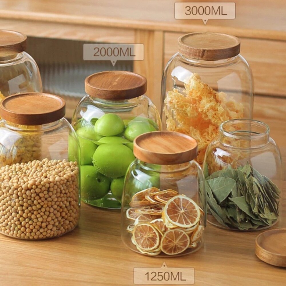 Gambar Wood Lid Glass Kitchen Storage Bottles Jars Large Food Container Grains Tea Coffee Beans Grains Candy Jar