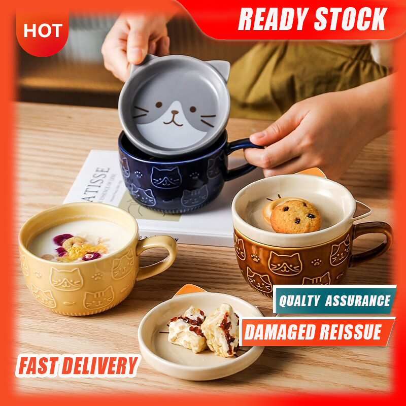 Gambar ??Ready Stock??Japanese Ceramic Cartoon Cat Mug Cute Breakfast Cup Milk Cup Creative Coffee Cup with Lid Couple Water Cup