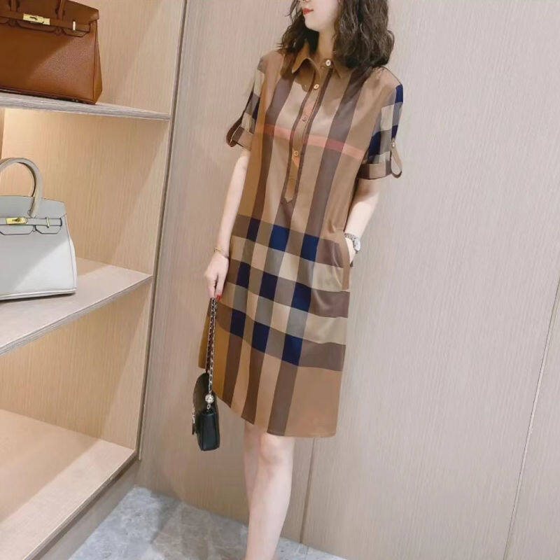 Thời Trang Nữ OL Kẻ Sọc Burberry Thời Trang Áo Polo Sang Trọng Đầm Midi