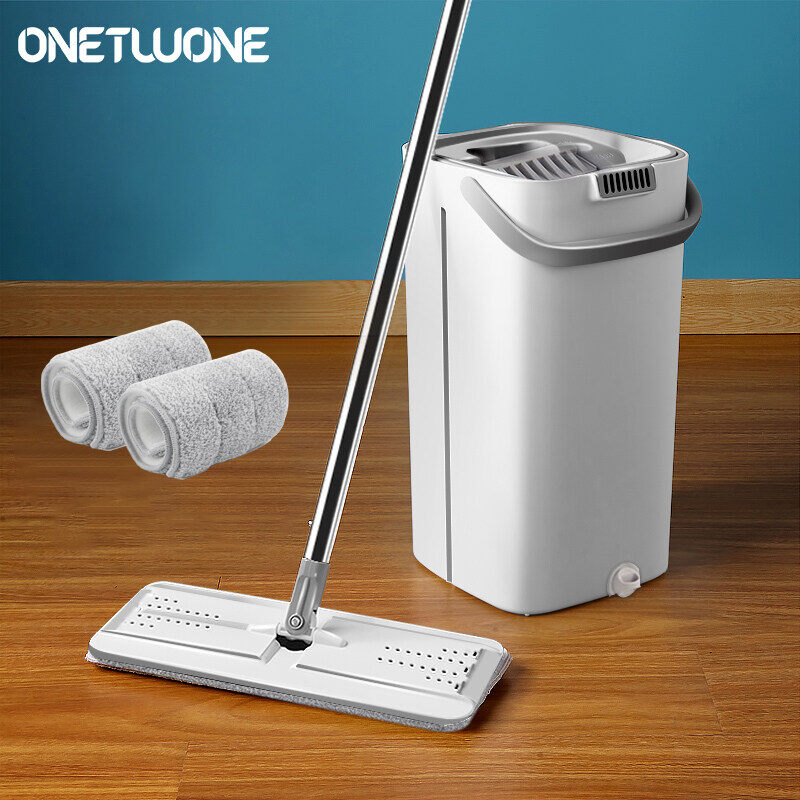 Onetwone Upgrade Cleaning Mop with 2 pieces mop cloth with Bucket Floor Cleaning tools Hands wash Free 360 Rotating Flat House Cleaner ราคา 81 บาท*ส่งฟรี