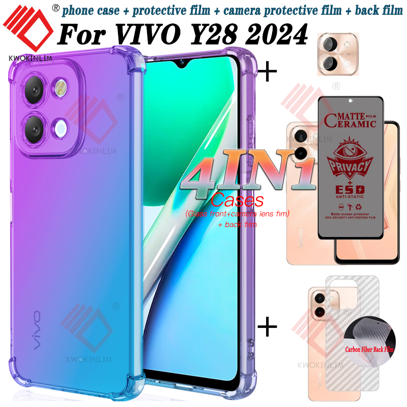 (4 trong 1) cho Vivo Y28 2024 vỏ điện thoại + bọc hoàn toàn gốm mềm mờ Bìa kính cường lực chống nhìn trộm miếng bảo vệ màn hình phim + ống kính máy ảnh phim + miếng phim dán sau