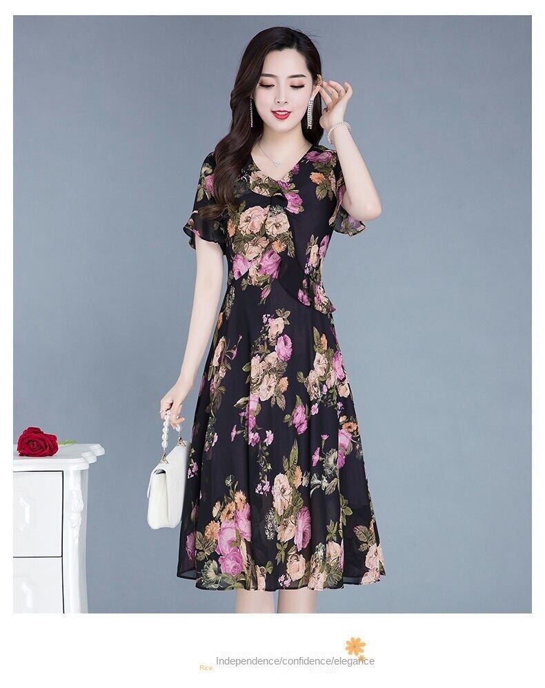 2012 new dress women's summer dress large size printed skirt big brand high-end temperament floral mother Medium-length dress