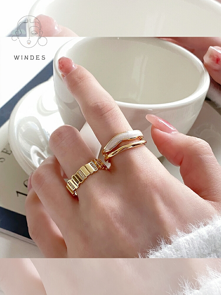 2 chiếc nhẫn mở, nhẫn hai lớp fritillary màu trắng, thiết kế đơn giản cho nữ, cao cấp, nhẹ nhàng và sang trọng