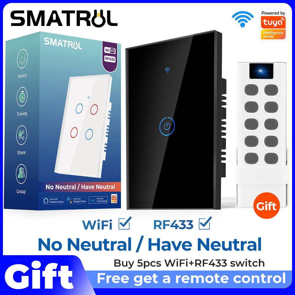 SMATRUL WiFi & RF 433MHz Công Tắc Đèn Tường Không Cần Dây Trung Tính 1/2/3/4 Gang Glass 220V Tuya/Smart Life APP Thời Gian Google