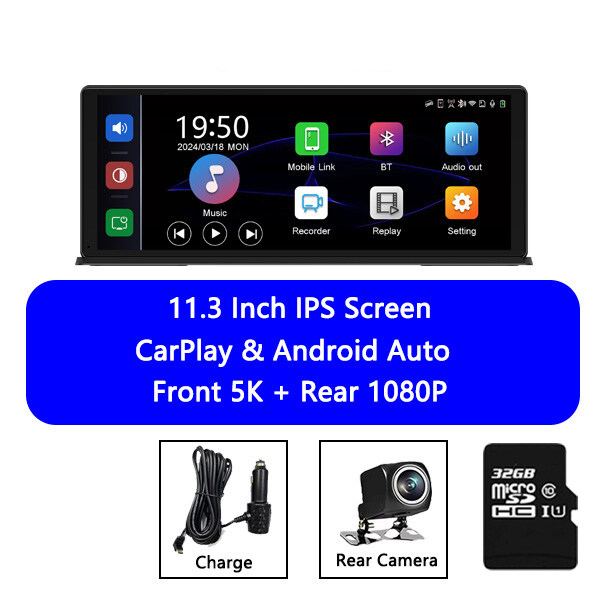 Ekleva 11.3 Inch DVR cho xe hơi 5K Dash Cam ống kính kép Không Dây Carplay & Android Video Tự động m