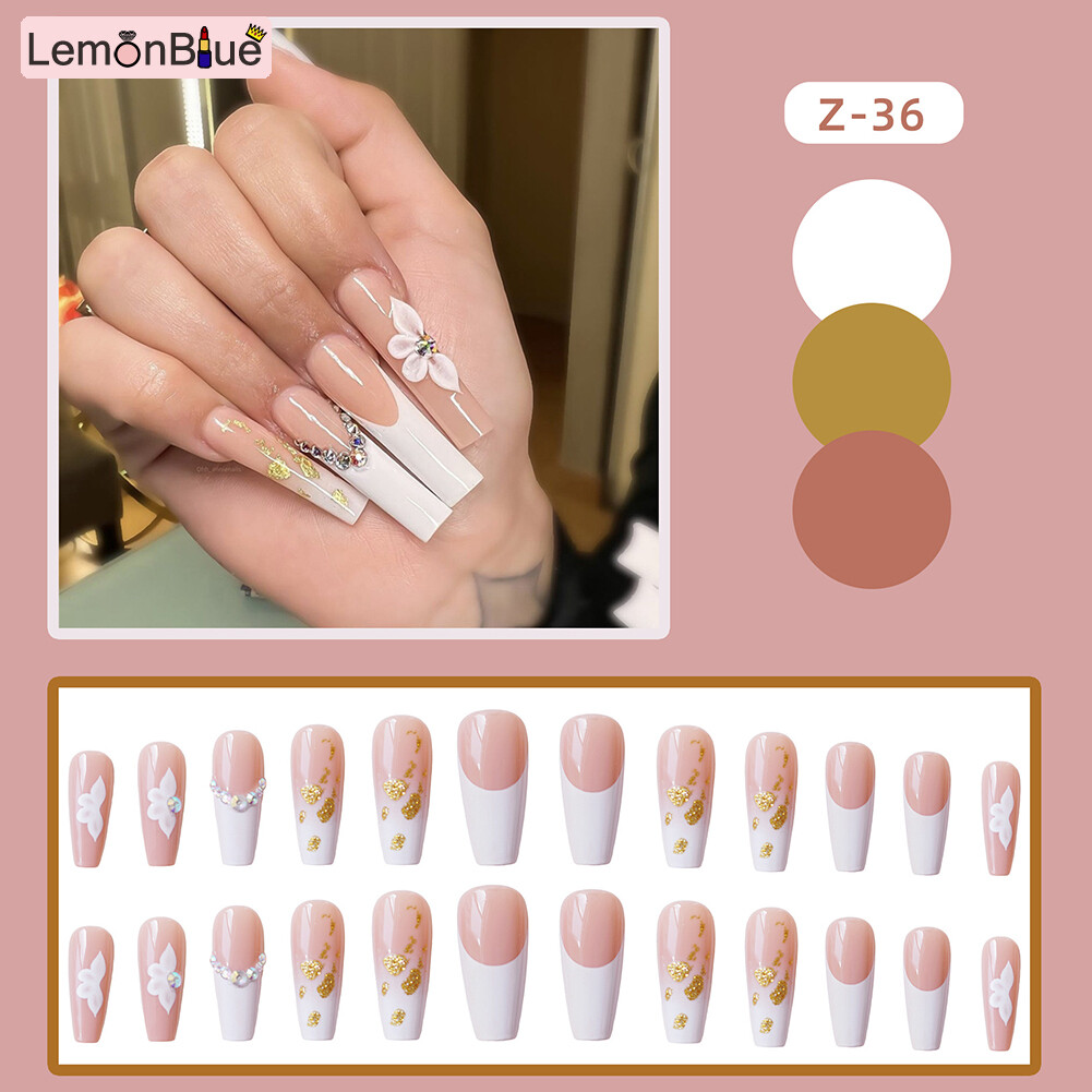 Gambar Gold Foil Petal False Nail French Long Press On Nails Elegant Fingernail Sticker Manicure Salon DIY Art Artificial Nails Removable Save Time 24PCS Jelly Gel Glue Type