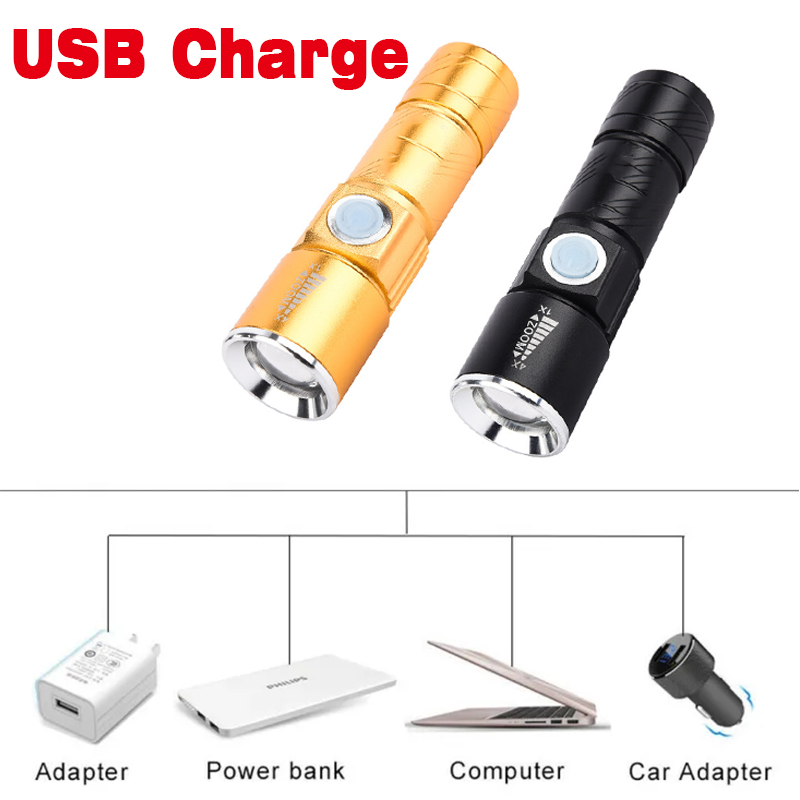 Hợp kim nhôm Led đèn nhỏ siêu sáng hình Kính thiên văn Đèn pin zoom sạc USB Chiếu Sáng Đèn pin nhỏ Đèn gắn đầu khi đi xe đạp