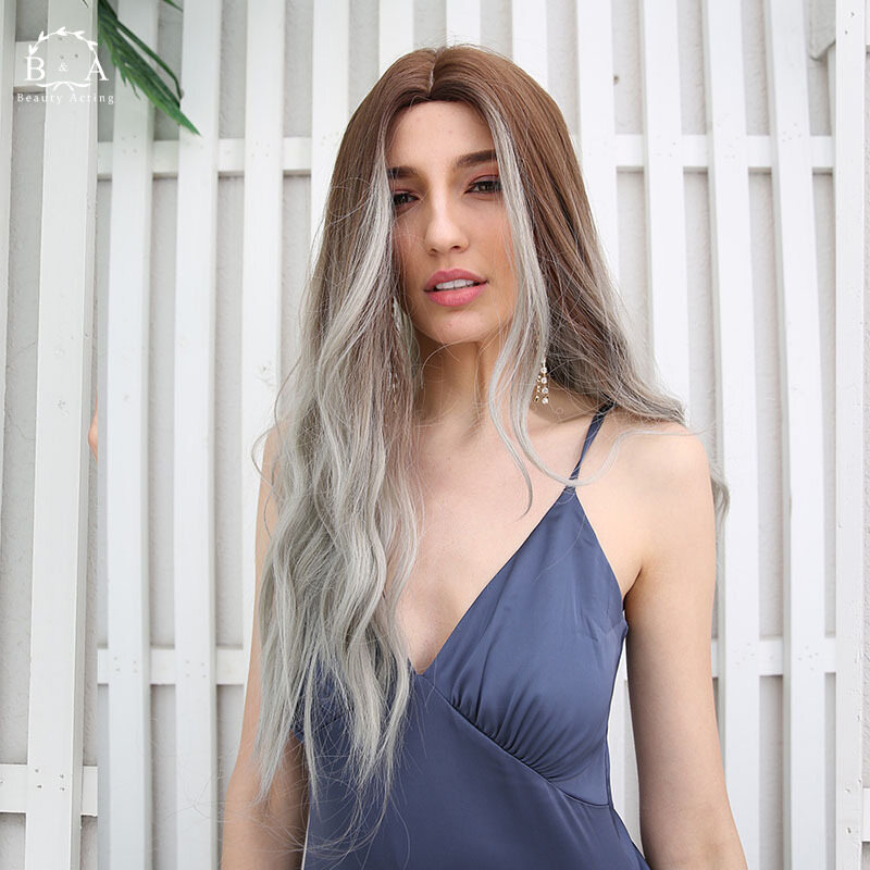 Gambar Women Ombre Grey Brown Wave Curls Wig Synthetic Fiber Cosplay Party Wigs Wig Women Lady Beautiful Breathable Durable Synthetic Fiber Curly Heat Resistant Soft Smooth