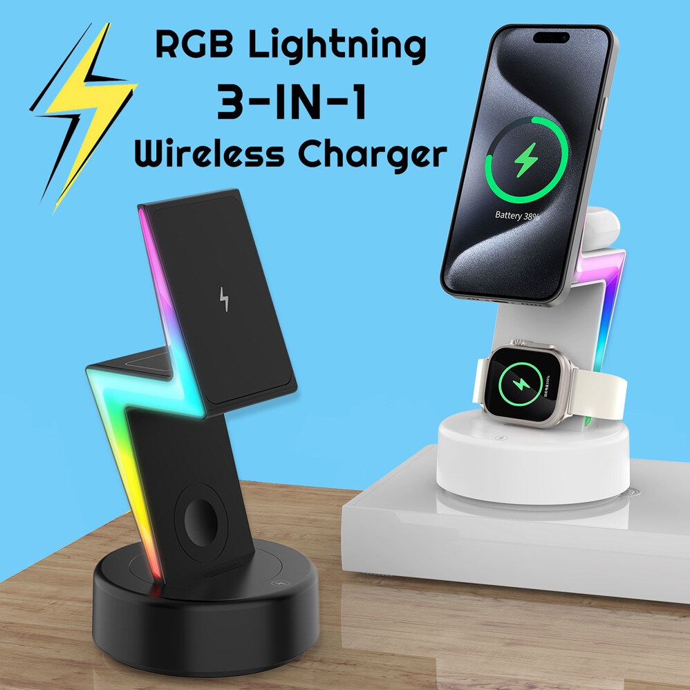 3 in 1 RGB Light Magsafe Wireless Charger Stand Travel Charger for Apple