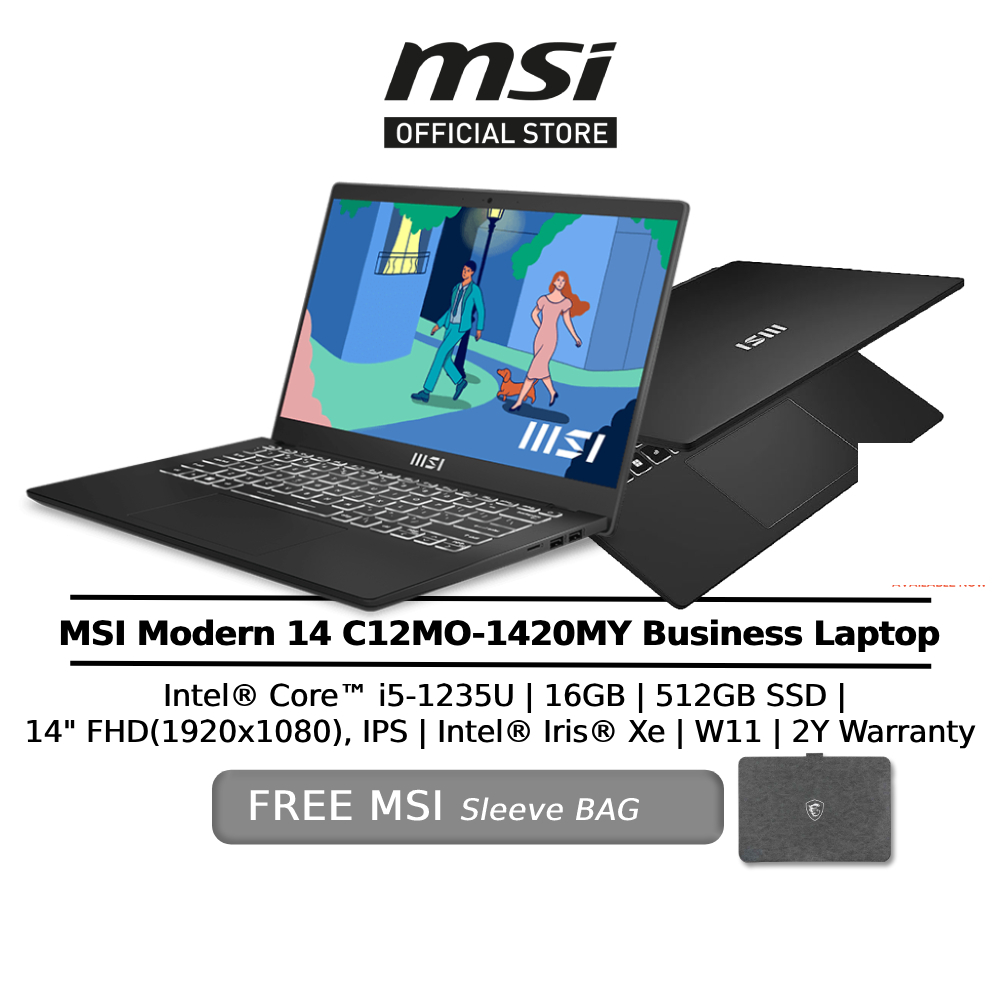 MSI LAPTOP MODERN 14 C12MO-1420MY (i5-1235U/16GB/512GB SSD/Intel Iris Xe/14" FHD/ OFF H&amp;S 2021/W11/SLEEVE BAG/2YR)