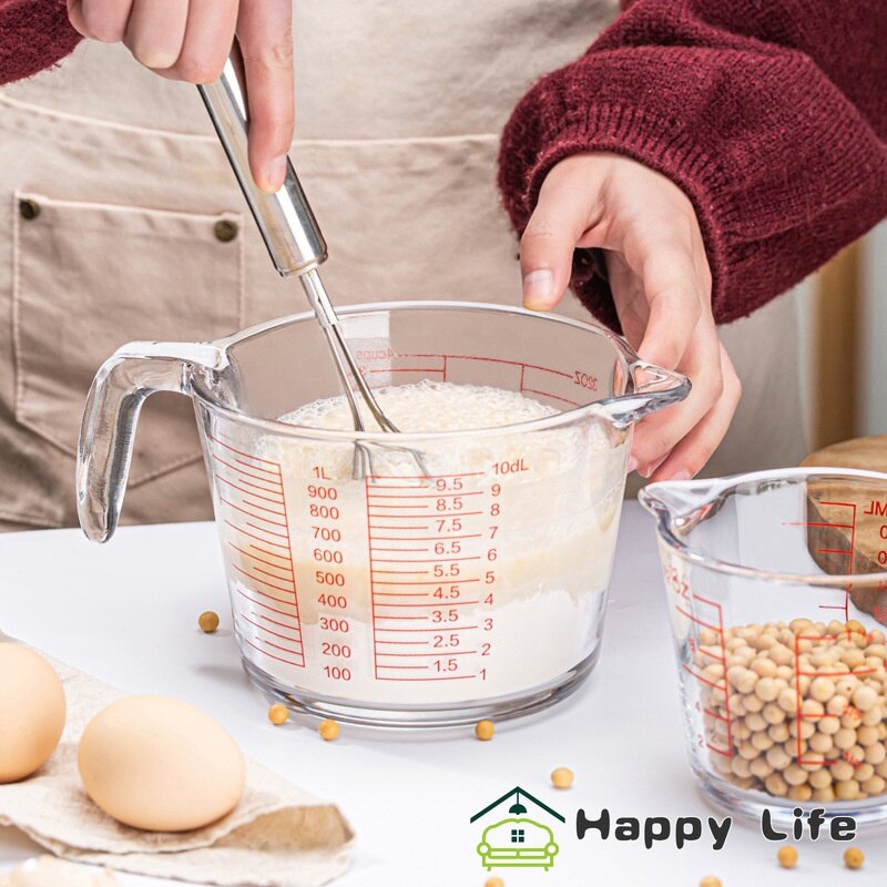 Cốc đong 500ml/1000ml có vạch chia đầu thủy tinh dày miệng bình rót có tay cầm trong suốt dụng cụ nhà bếp làm bánh