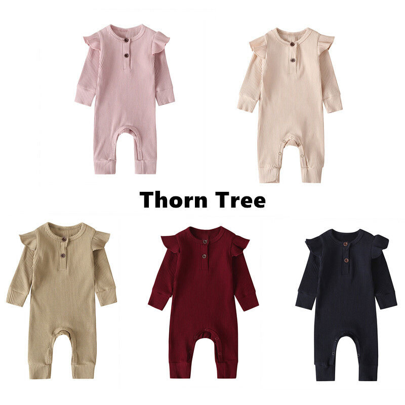 Thorn Tree Baby Girls Romper Long Ruffle Sleeve Round Neck Outfit Button