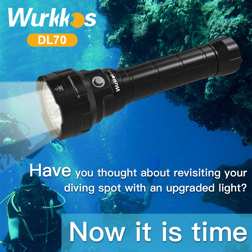 Wurkkos DL70 Scuba Diving Super Bright Double 26650 Battery 13000lm IPX8 Waterproof Underwater Dive LED Light 4PCS XHP50B 4 Modes Powerful Diving Flashlight ราคา 1,461 บาท*ส่งฟรี