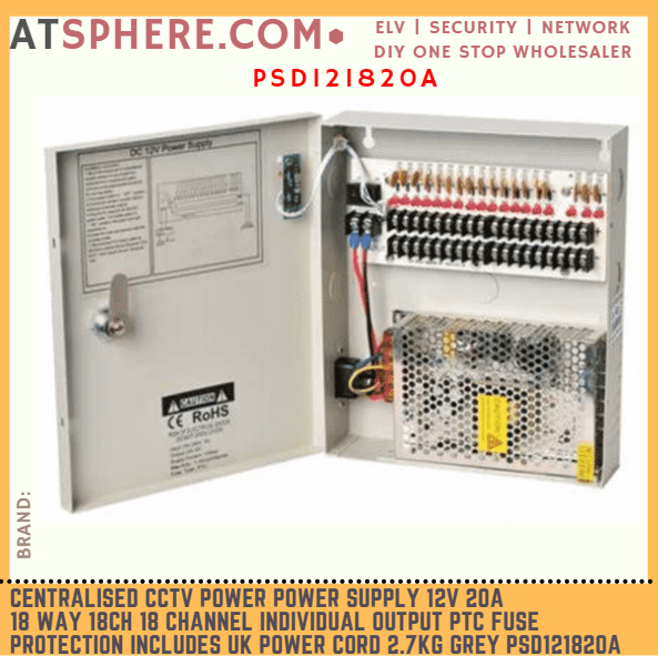Centralized CCTV Power Supply 12V 20A 18 Way 18ch 18 Channel Individual Output Fuse Protection UK Power Cord PSD121820A Harga 280 Ringgit*Penghantaran Percuma