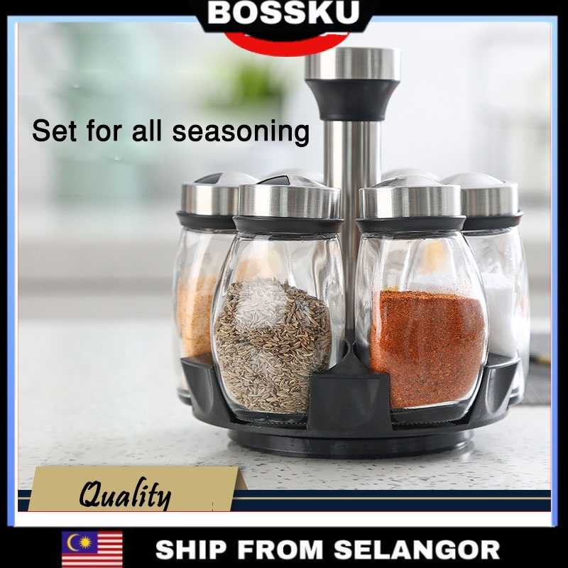 Gambar BOSSKU Rotating Glass Seasoning Box Set Stainless Steel Kitchen Tool