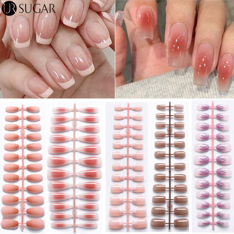 UR SUGAR 24Pcs Pink Clear French Gradient Short Ballet Wearable Fake Nails Detachable Finished Fingernails Square Head Full Cover Tips