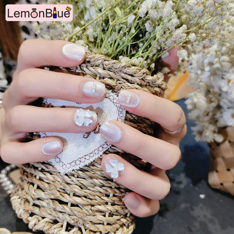 Gambar LemonBlue 24pcs Bow Fake Nail Patch Glue Type Removable Short Paragraph Fashion Manicure False Save Time Nails Patch