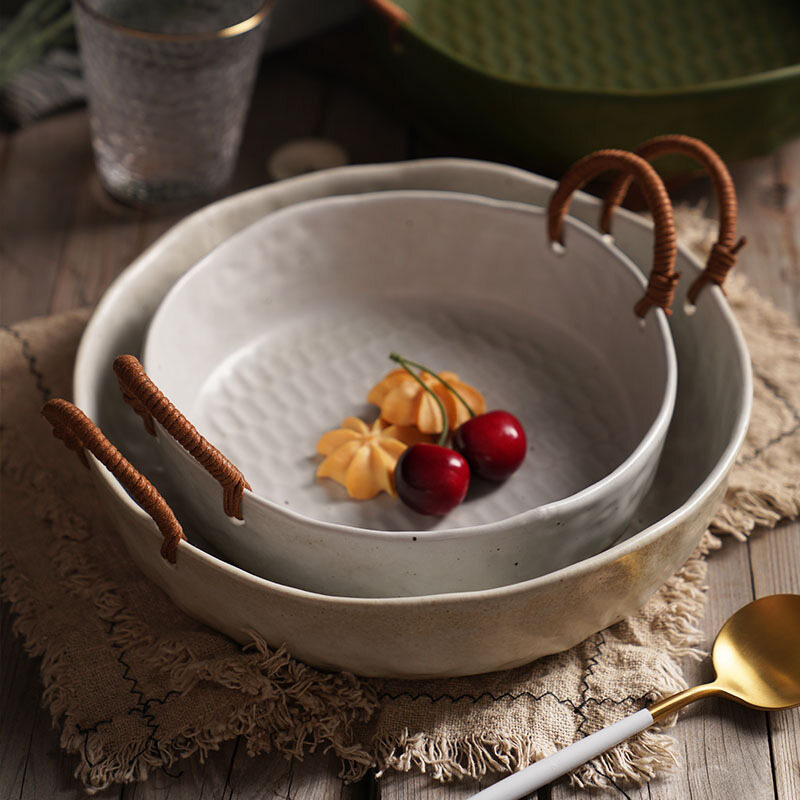 Gambar Japanese style Braided Vegetable Fruit Tray Basket Handmade Creative Large Ceramic Binaural Deep Plate Rough Pottery Retro Tableware