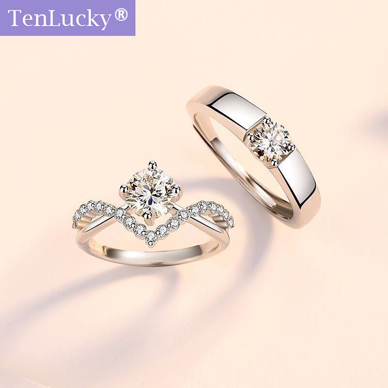 TenLucky 2Pcs/1 Pair Couple Rings Adjustable cincin kahwin sepasang silver original italy cincin silver 925 original perempuan four-jawed moissanite diamond ring 1 carat ring couple ring for men and women Wedding Engagement Gift 情侣戒指 ราคา 69 บาท*ส่งฟรี