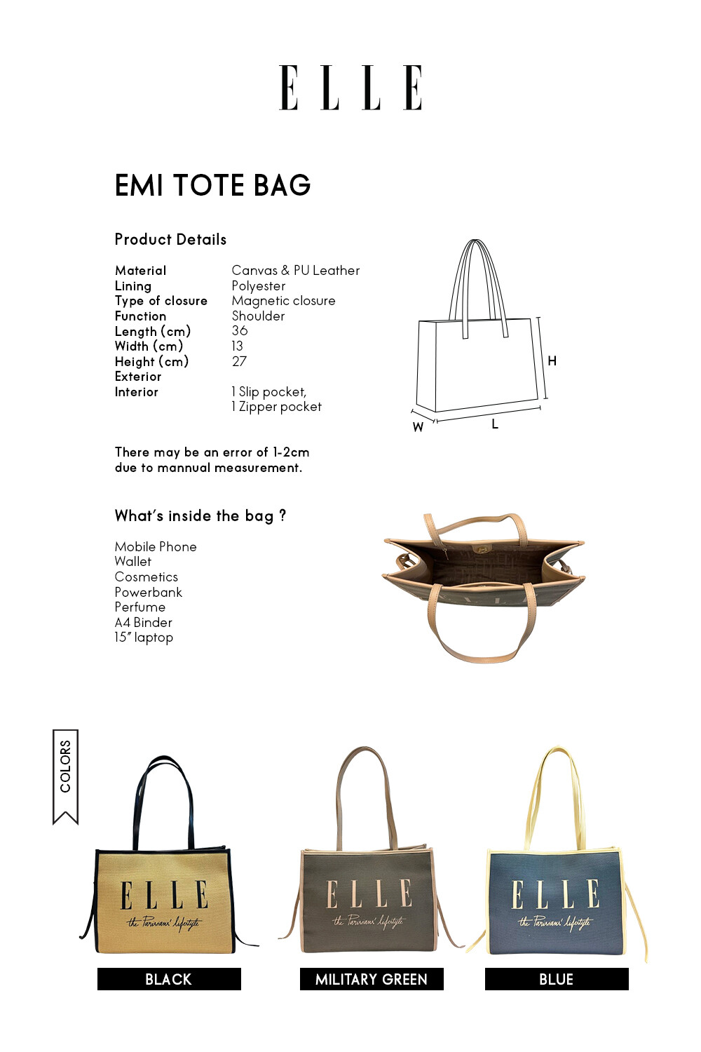 Elle Emi Tote Bag (3 Colors: Blue Black Military Green) Magnetic