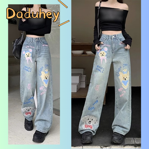 Daduhey quần jean hip hop bình dân phong cách Mỹ mới eo cao quần ngoại cỡ quần ống rộng rộng