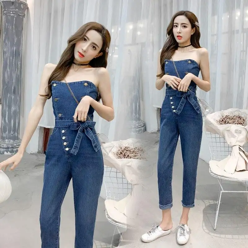 strapless denim jumpsuit