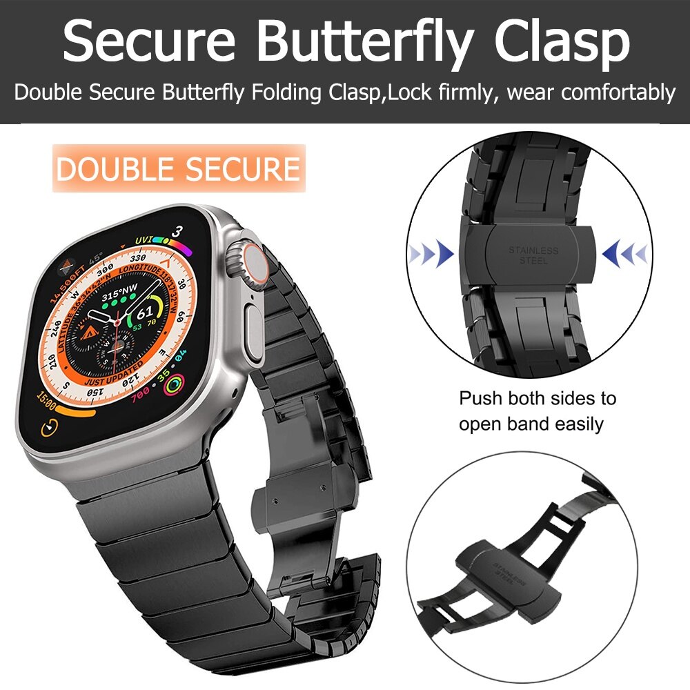 Ninki dây đeo khóa bướm an toàn tương thích với apple watch ultra 49mm, vòng đeo tay liên kết kim loại bằng thép không gỉ với dây đeo khóa bướm 49mm cho apple watch ultra