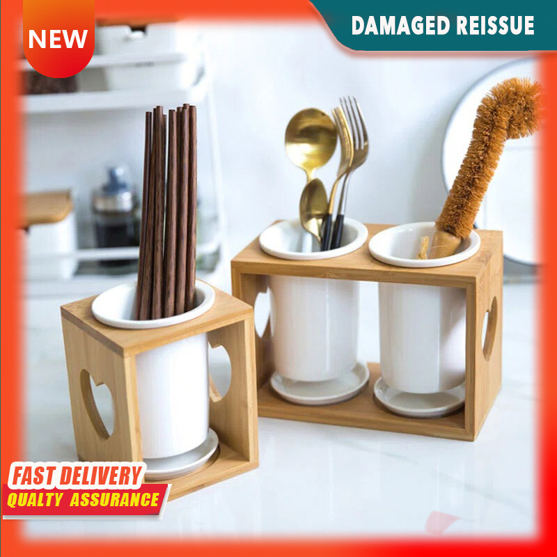 Gambar Ceramic Chopsticks Tube Double cylinder Multi functional Draining Chopsticks Box Creative Tableware Storage Rack Box