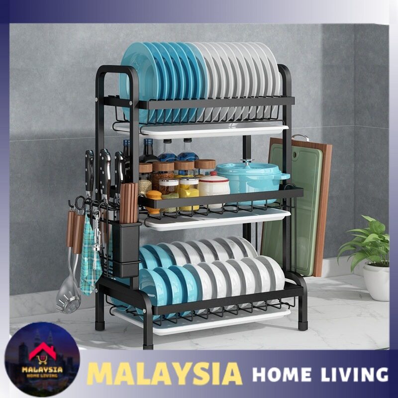 Gambar Multi Tier Dish Drain Rack Frame Steel Drainer Storage Rack Shelf Kitchen Kitchenware Household Bowl Plate Cup