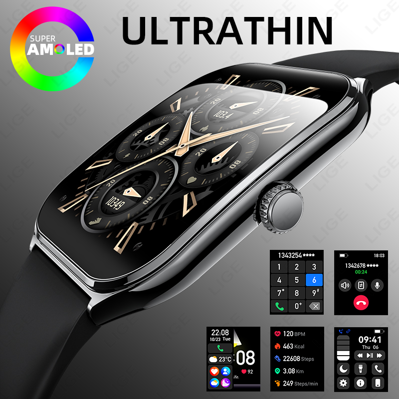 LIGE New Ultra Thin Smart Watch Men 1.96"AMOLED 368*448 HD Pixel 3ATM Waterproof Blusetooth Call Smartwatch Ladies For Android iOS ราคา 1,159 บาท*ส่งฟรี