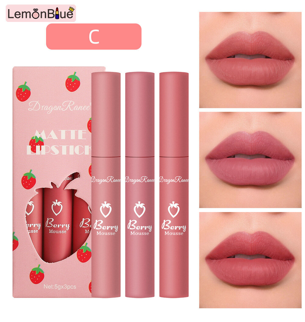 Gambar Cross border 3 strawberry set set box velvet matte matte lip glaze lipstick lip gloss female non stick cup cute set