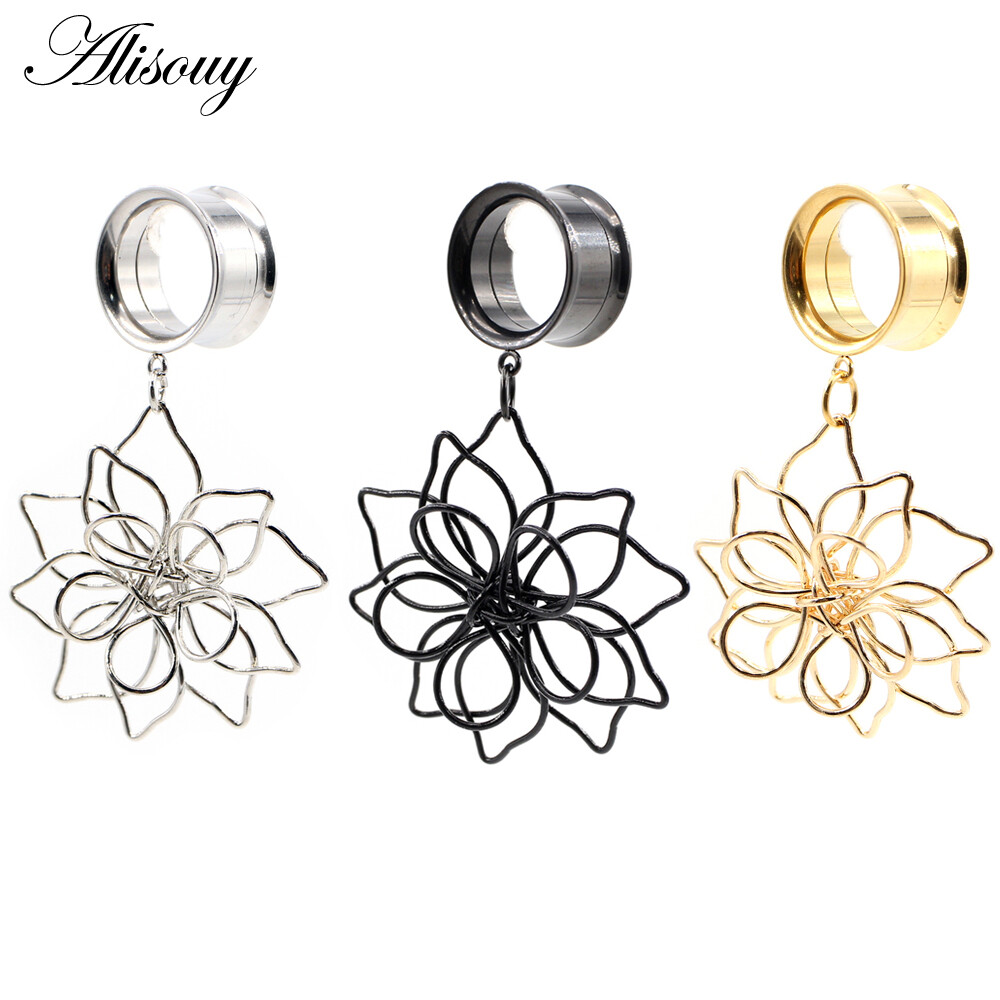 Alisouy 2 chiếc khuyên tai loe đôi ren hoa lủng lẳng rỗng bằng thép không gỉ khuyên nong tai khuyên nong tai đồ trang sức cơ thể